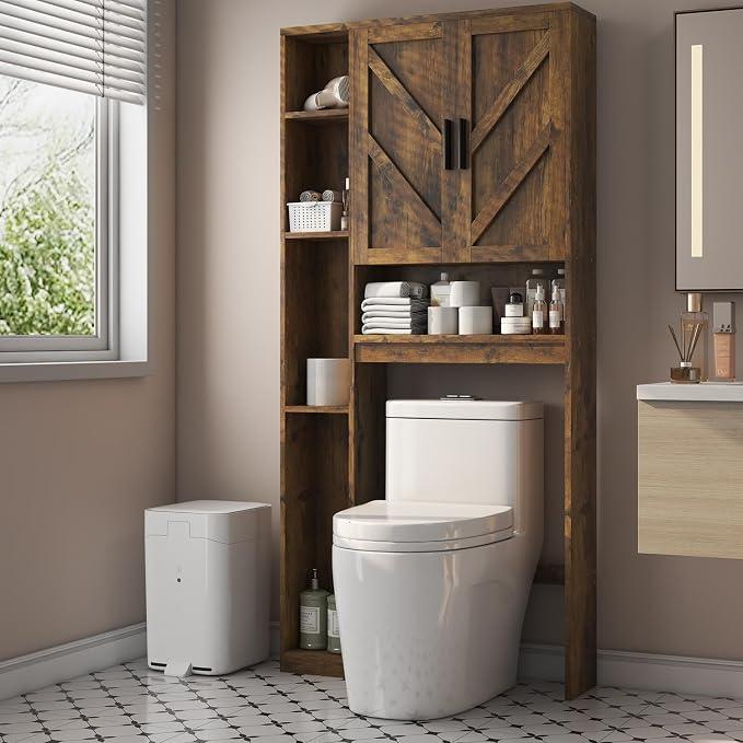 Over The Toilet Storage Cabinet with 7 Storage Shelves, Above Toilet Bathroom Organizer with Toilet Paper Holder Stand, Behind Toilet Cabinet, Space Saver for Restroom, Bathroom, Laundry, Brown