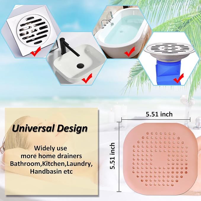 Hair Drain Catcher,Square Drain Cover for Shower Silicone Hair Stopper with Suction Cup,Easy to Install Suit for Bathroom,Bathtub,Kitchen 2 Pack (Pink)