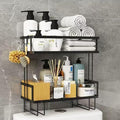 PowerKing Over The Toilet Storage Shelf, 2-Tier Bathroom Organizer Rack with 2 Hooks, No-Drill, Rust-Resistant Steel, Toilet Paper Holder for Restroom Bathroom, Black