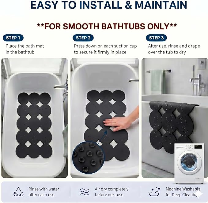 Webos Patented Non Slip Bathtub Mat Shower Mat Bath Mat Tub Mats with Strong Suction Cups Soft Natural Rubber Bath Mat for Inside The tub (Circle-Black, 28x16 inch)
