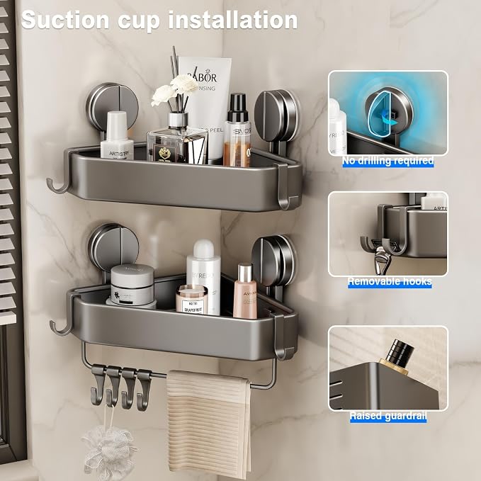 Mustorn Suction Cup Shower Caddy Corner, 2 Pack Suction Corner Shower Shelves No Drilling, Rustproof Shower Organizer Suction Cup with Towel Holder & Hooks Removable Bathroom Storage Rack(Gray)