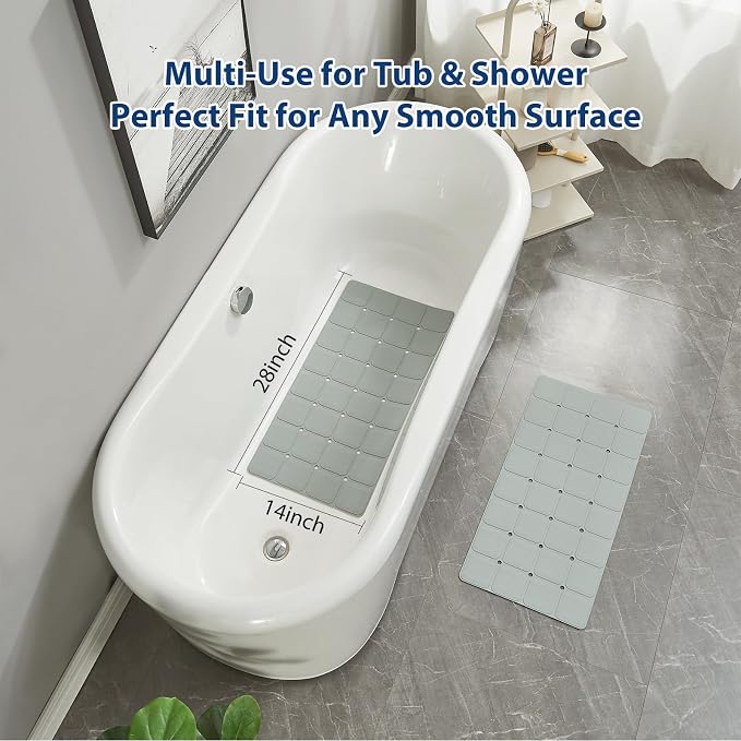 Webos Silicone Bath Mat with Suction Cups – Non-Slip Foldable Bathtub & Shower Mat, Durable & Quick-Dry Safety Tub Mat with Large Drain Holes for Families 28"x 14" Grey