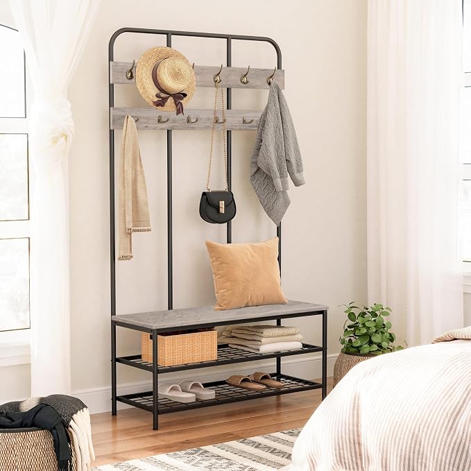 HOOBRO Hall Tree with Bench, Entryway Bench with Coat Rack, Mud Room Rack with 12 Double Hooks and Shoe Storage, Coat Tree, Shoe Organizer, for Foyer, Front Door, Greige and Black BG05MT01
