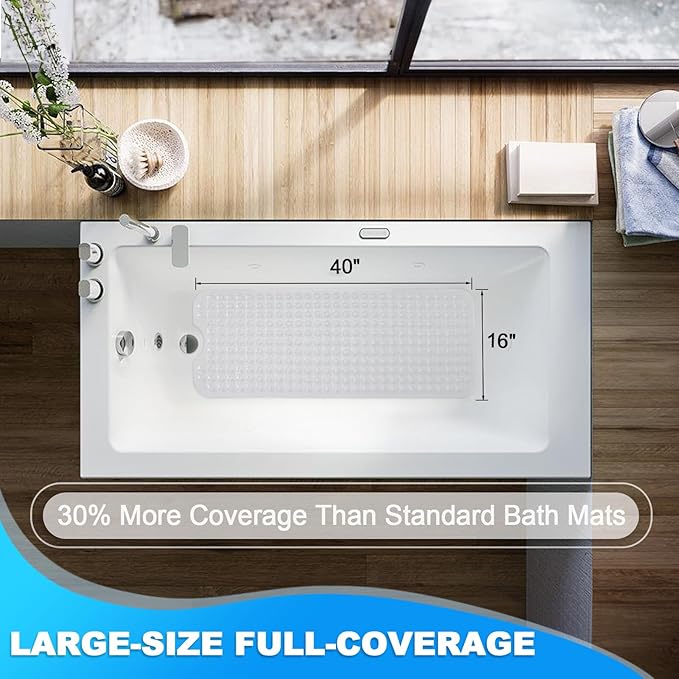 Bathtub and Shower Mats, 40x16 Inch Extra Large Non Slip Soft Bath Tub Mat with Suction Cups and Drain Holes for Bathroom Floor and Keep Tubs Clean, Machine Washable, Clear