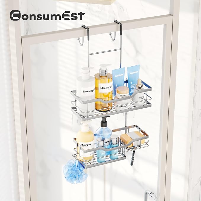 Consumest Over Door Shower Caddy - 2 Tier Shower Shelves Hanging with Soap Holders, Large Capacity Shower Organizer with 4 Hooks, Bathroom Rack and Storage, Silver