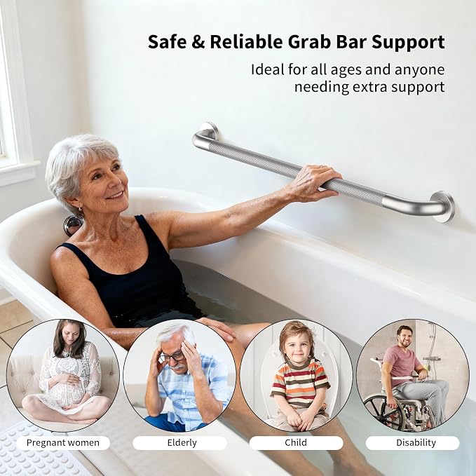 Shower Grab Bar 40 Inch, iHansee Brushed Nickel Bathroom Grab Bar w/Anti-Slip Knurled Grip, Stainless Steel Bath Safety Bars Support Handrail for Senior Elderly, Toilet Bathtub Balance Handle for Wall