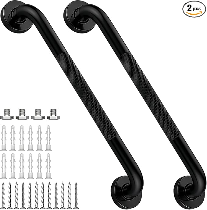 16 Inch Shower Grab Bar 1.25" Dia, 2 Pack Black Anti Slip Bathroom Grab Bar, 304 Stainless Steel Knurled Handicap Grab Bars, Safety Support Handrail,Bath Shower Handle for Elderly Injury Senior