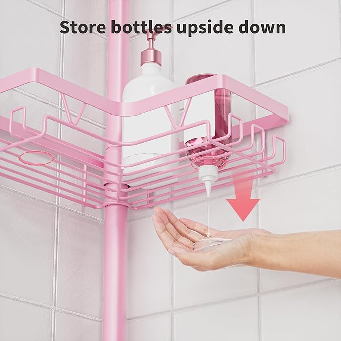 KEGII Shower Caddy Tension Pole, 4-Tier Rustproof Adjustable Corner Bathroom Organizer for Renters, 25–114.2 Inch No Drill Space-Saving Shower Storage Rack, Pink