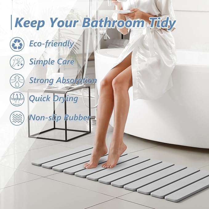 AWW Foldable Stone Bath Mat, Quick Dry Diatomaceous Earth Bath Mat with Non-Slip Mat, Super Absorbent, Easy to Clean, Compact for Small Bathrooms, 31.5 x 15.7, Light Grey