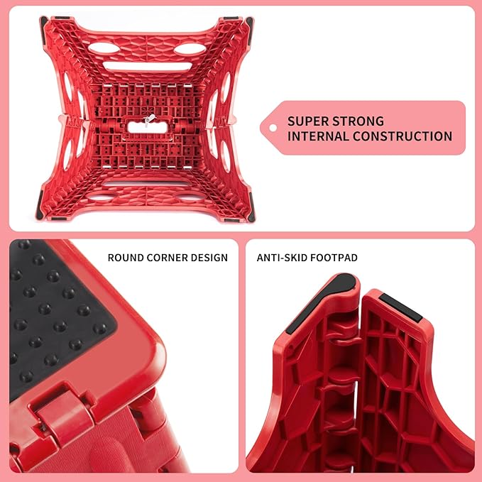 Delxo Folding Step Stool, 13 inch Non-Slip Foldable Stools Up to 300 LBS, Step Stool with Handle, Lightweight for Kitchen, Bathroom, Bedroom, Garden, Dotted Texture, Red,1PC