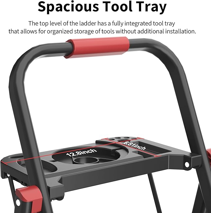 DIAMONDFORGE 5 Step Foldable Ladder with Multifunctional Tool Tray, Iron, Platform Ladders Stepstools, Folding with Non-Slip Pedals, 800 lbs Bearing Capacity for Adults/Home/Kitchen, Black Red