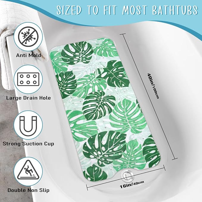 Tropical Leaves Bathtub Mat Non Slip, Boho Bath Tub Mat Baby Bath Mats for Bathroom Anti Slip Shower Mats for Inside Shower, Green Plants Bathmat with Suction and Drain Holes Machine Washable, 40″x16″