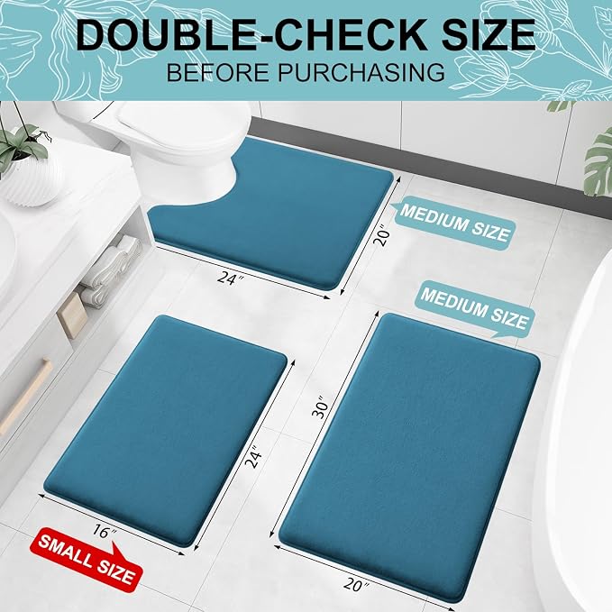Smiry Memory Foam Bath Mat 44x24, Extra Soft and Absorbent Bathroom Mats, Non Slip Washable Carpet for Floor, Shower and Tub, Peacock Blue