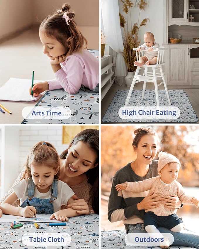 Blissful Diary Baby Splat Mat for Under High Chair, 50.4 x 50.4 Inch Wipeable Splash Mat, Waterproof and Washable, Anti-Slip Floor Protector, Gray Zebra