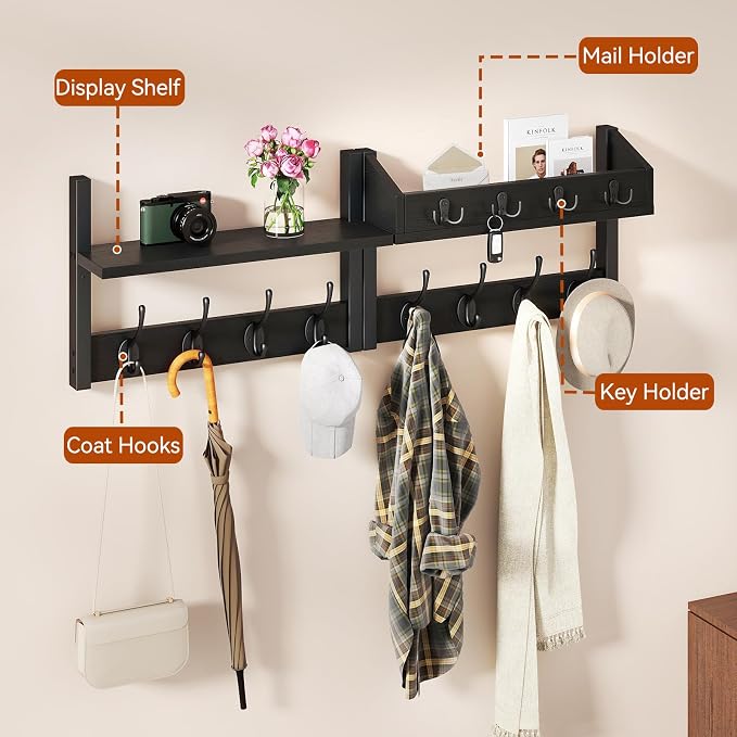 YMYNY 31.5" Coat Rack Wall Mount with Shelf, 4 in 1 Key and Coat Hanger with 12 Metal Hooks, Wall Shelf with Hooks & Mail Holder for Living Room, Bedroom, Black, HWS007B-2