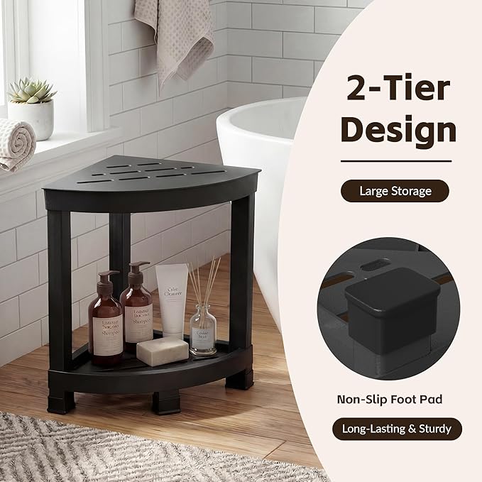 Shower Bench for Inside Shower, Waterproof Shower Stool with Storage Shelf, Corner Bathroom Organizer with Non-Slip Feet, Bath Seat for Adults, Small Side Table for Bathroom and Bedroom