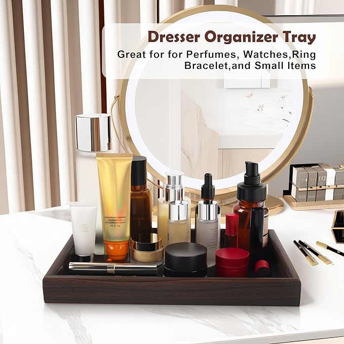 Wooden Valet Tray with Leather Base - Nightstand Catchall Organizer for Cologne, Perfume, Keys, Wallet, Phone, Watch, Jewelry & Sunglasses (2Pcs Black)