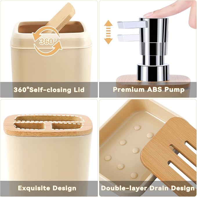 Beige Bathroom Accessories Set 9 Piece Bathroom Accessory Set with Trash Can,Toothbrush Holder,Toothbrush Cup,Lotion Soap Dispenser,Vanity Tray,Soap Dish,Toilet Brush,Qtip Holder