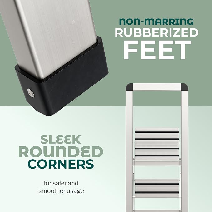 Step Ladder 4 Step Folding, Decorative - Modern Beautiful Silver Aluminum,Lock Mechanism, Ultra Slim Profile, Anti Slip Steps, Sturdy-Portable for Home, Office, Kitchen, Photography Use,by SORFEY