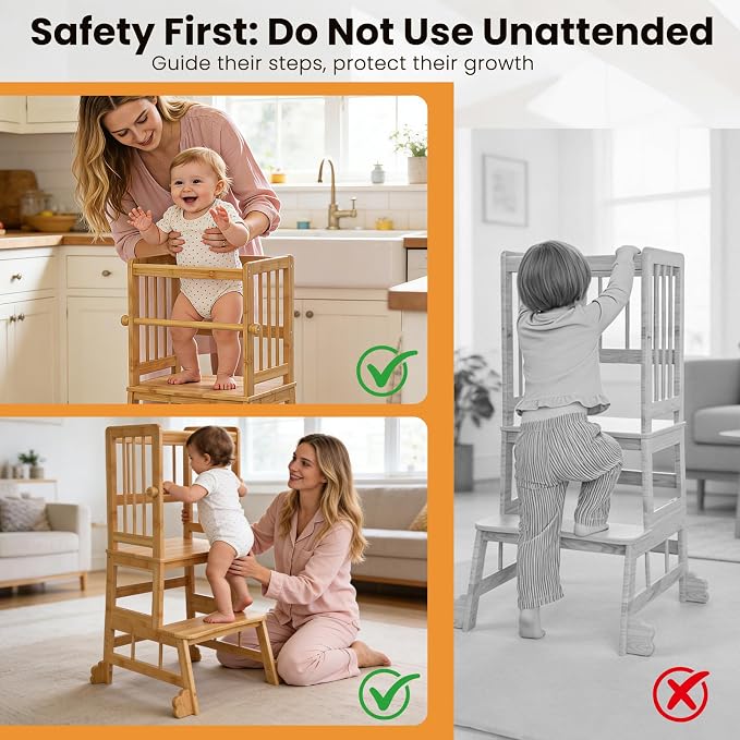 HBTower Kids Kitchen Step Stool with Safety Rails & Anti-Slip Feet,Toddler Standing Tower for Kitchen Counter Learning - Hold Up to 450lbs,Anti-Slip Feet Toddlers Learning Tower,Natural Bamboo