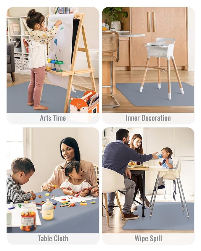 Blissful Diary Baby Splat Mat for Under High Chair, 50.4 x 50.4 Inch Wipeable Splash Mat, Waterproof and Washable, Anti-Slip Floor Protector, Gray
