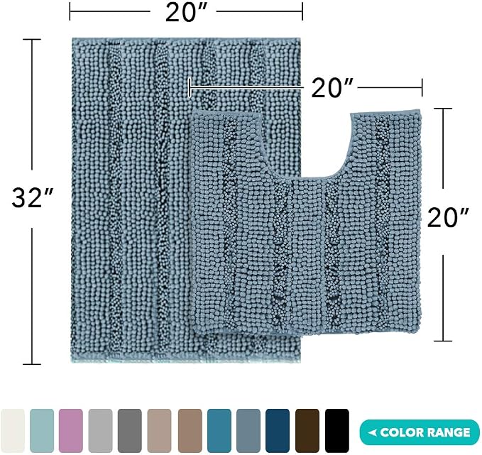 Turquoize Chenille Bath Rugs Shaggy Bathroom Rugs Non Slip Bath Rugs for Bathroom 20 x 32 and 20 x 20U Stone Blue Bath Rug Extra Soft and Absorbent Area Rug, (20" x 32" and 20" x 20"U), Stone Blue