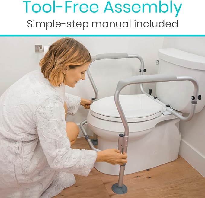 Vive Toilet Safety Rail Frame - Toilet Grab Bars for Elderly, Disabled - Assist Support Rails with Padded Handles - Stand Alone for Bathroom - Adjustable Non Slip for Adults, Seniors, Handicapped