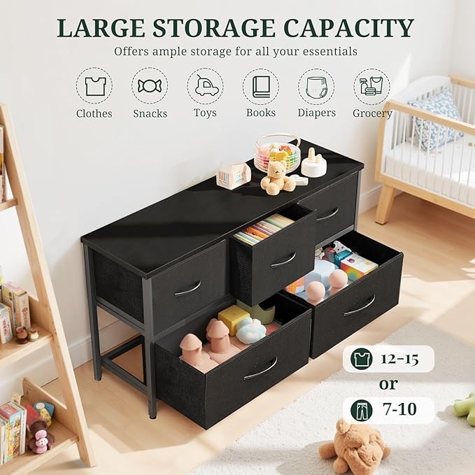 5-Drawer Dresser for Bedroom, Anti-Tip Wide Storage Organizer Fabric Chest of Drawers TV Stand for 45" TV with Wooden Top and Metal Frame for Closet, Living Room, Hallway, Entryway, Black
