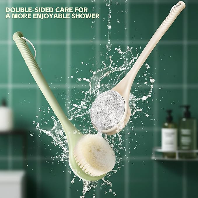 Back Scrubber for Shower, Long Handle Exfoliating Brush, Dual-Sided Bath Brush with Soft Bristles & Volcanic Pumice Stone, Anti-Slip Grip for Men & Women (Green)