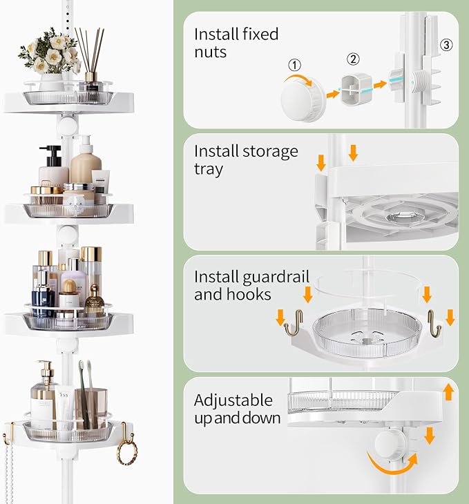 YCIA&DONE 360° Rotating Shower Caddy Tension Pole, 4 Tiers Corner Shower Organizer for Bathroom Shelf Bathtub, Adjustable Standing Shower Rack, Easily Assemble, 34-124 Inch Height, White