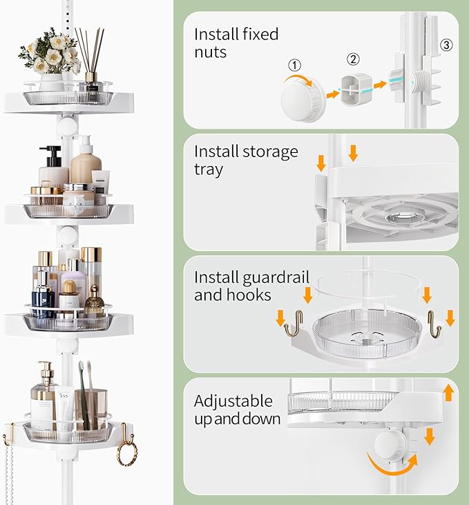 akinbas 360° Rotating Shower Caddy Tension Pole with 4-Tier Rustproof Lazy Susan 35-128 Inch No Drilling Coner Shelves Adjustable Shower Rack for Bathroom Bathtub Washbasin Plant Storage (White)