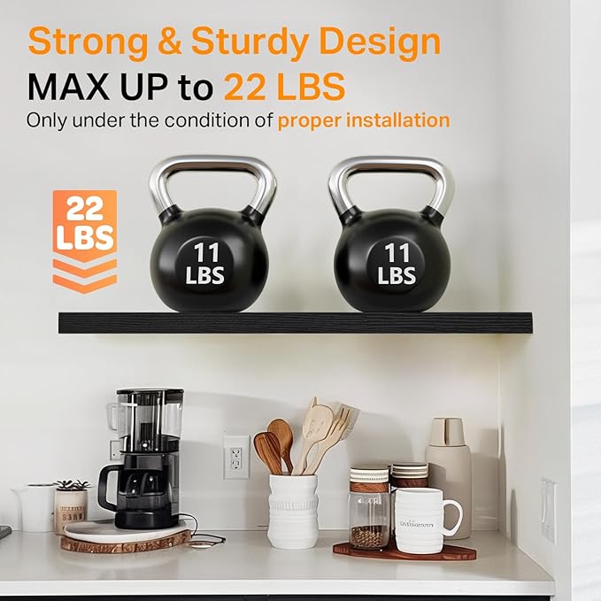 BAYKA Floating Shelves Set of 2, 22.5 inches Black Wall Mounted Shelves for Bathroom, Bedroom, Living Room, Kitchen & Book, Hanging Display Decor Organizer Shelf with 22 lbs Capacity