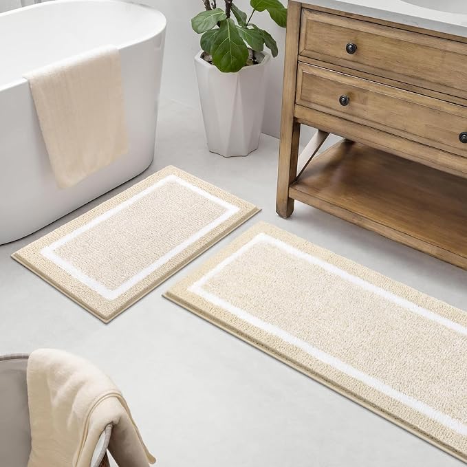 Pauwer Bathroom Rugs Sets 2 Piece, Non Slip Bath Mats for Bathroom, Absorbent Bath Rugs Floor Mat, Machine Washable Shower Rugs for Bath Floor, Tub and Shower, Light Beige
