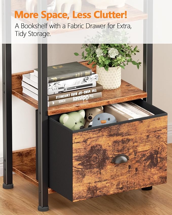 Furologee Book Shelf Set of 2, 6 Tier Tall Shelf with Drawer, Bookshelves and Bookcases Set of 2, Industrial Display Shelving Unit for Bedroom, Living Room, Home Office, Rustic Brown