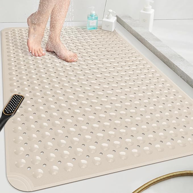 OTHWAY Extra Large Shower Mat 47"x 32", TPE Non Slip Shower Mat for Shower Stall, Inside Walk in Shower Mats with Drain Holes Suction Cups, Anti-Slip for Elderly Kids (Apricot)