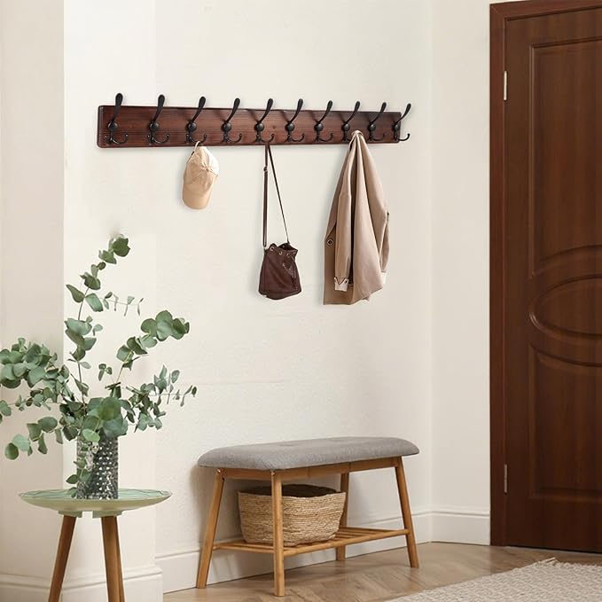 Kuhome 38.6'' Large Coat Rack Wall Mount Coat Hooks Coat Hanger with 10 Metal Black Triple- Hooks Brown Pine Real Wood Plank Hat Rack for Wall Hooks for Hanging Coat Hat Jacket