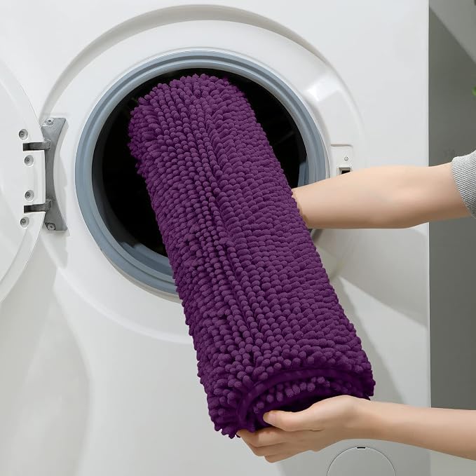 HOMEIDEAS 3 Pieces Bathroom Rugs, Ultra Soft Non Slip Absorbent Chenille Toilet Bath Mat Set (Purple)