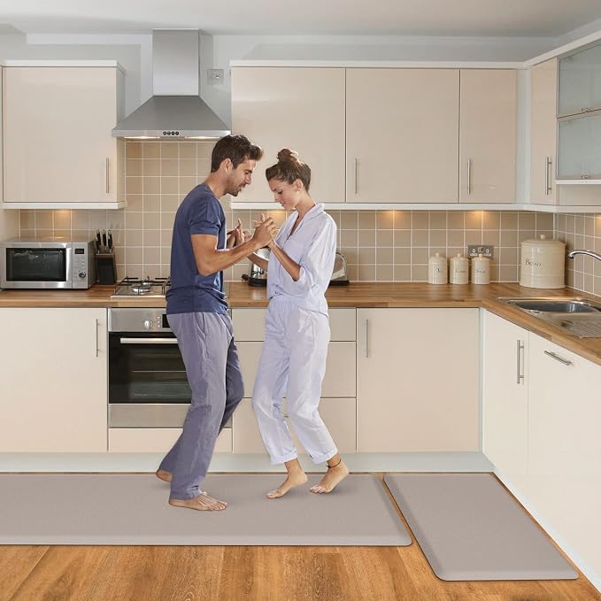 HappyTrends Kitchen Mat,17.3"x28"+17.3"x60" Khaki, Cushioned Comfort Anti-Fatigue Waterproof Floor Mat Kitchen Rugs, Thick Perfect Ergonomic Foam Standing mat for Kitchen, Home, Office, Laundry