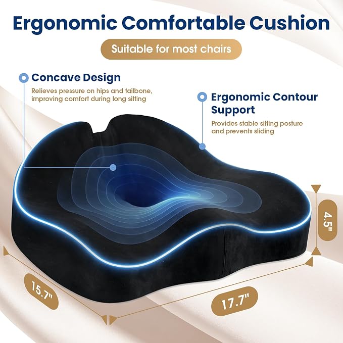Ergonomic Seat Cushion for Office Chair, Memory Foam Coccyx Cushion for Tailbone Pain Relief, Non-Slip Washable Cover, Pressure Relief Chair Pad for Office, Car, Wheelchair & Home Black