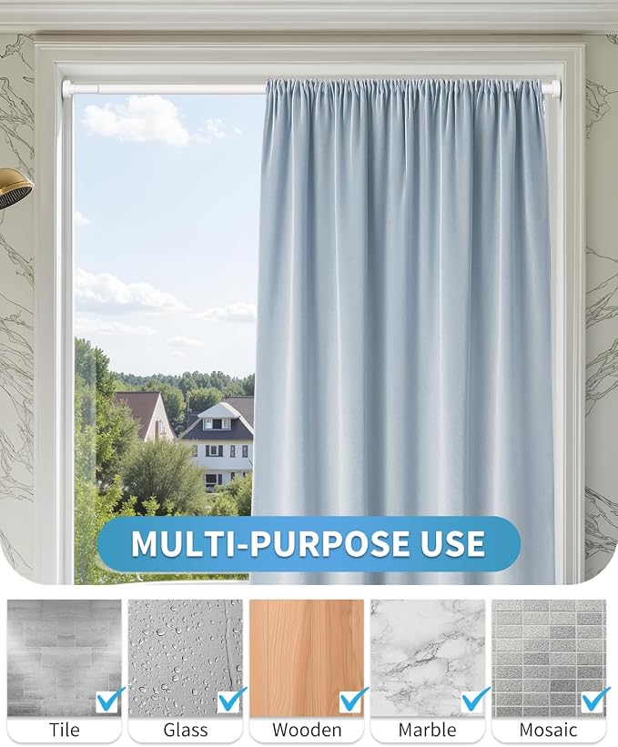 White Shower Curtain Rod 34-82 Inches(2.8-6.8ft) Adjustable Shower Rod No Drilling Non-slip Never Rust Shower Tension Rod for Bathroom Bedroom Windows Outdoor Garden