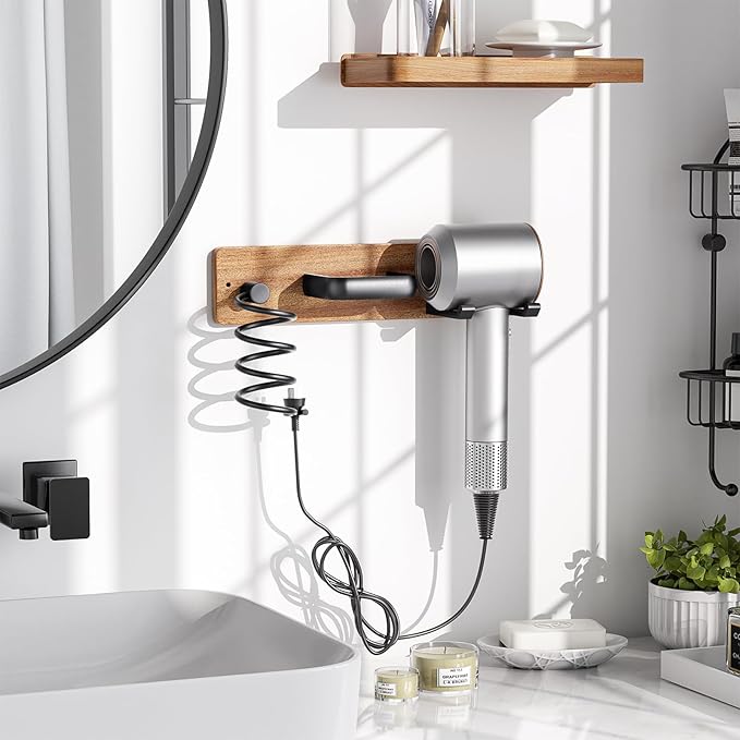 Tindbea Hair Dryer Holder Wall Mount Aluminum Alloy Hot Tools Organizer | Sapele Wood, Matte Black