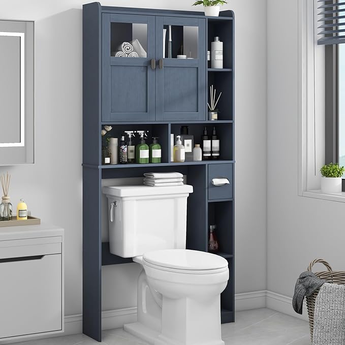 Vabches Over The Toilet Storage Cabinet, Bathroom Shelf Over Toilet with Glass Doors and Adjustable Shelves, Navy Blue Freestanding Home Space Save Toilet Rack, for Restroom, Bathroom, Laundry