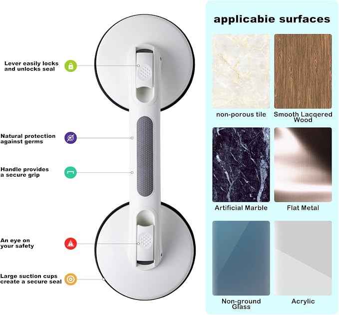 New Shower Handle Shower Grab Bars for Bathtubs and Showers,Strong Hold Suction Cup Grip Grab,Bath Handle Heavy Duty Grab Bars for Handicap Elderly Seniors Bathroom （Grey）