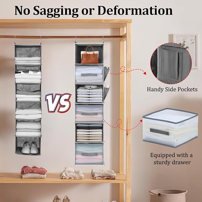 Hanging Closet Organizer and Storage,6-Shelf Closet Hanging Storage Shelves with 3 Drawers,Hanging Camping & Dorm Clothes Organizer, Grey