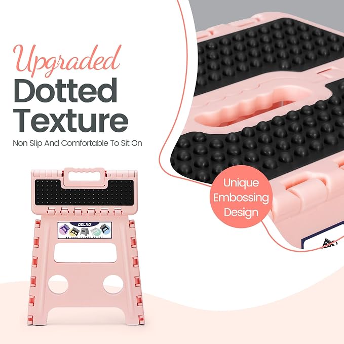 Delxo Folding Step Stool, 13 inch Non-Slip Foldable Stools Up to 300 LBS, Step Stool with Handle, Lightweight for Kitchen, Bathroom, Bedroom, Garden Stepping Stool with Dotted, Pink,1 PC
