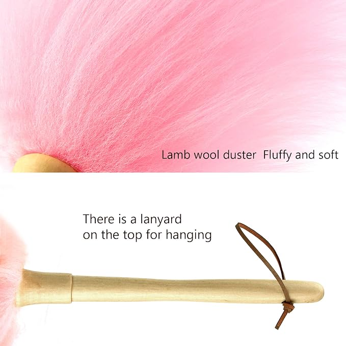 Lambswool Duster 16'' Length Solid Wooden Handle Leather Hang Strap for Cleaning Ceiling Fans Window Blinds Computer Furniture Figurines TV Natural Feather Duster,Pink
