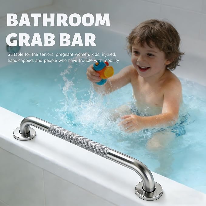 16 Inch Shower Grab Bar 1.25" Dia， Brushed Nickel Anti Slip Bathroom Grab Bar, 304 Stainless Steel Knurled Handicap Grab Bars, Safety Support Handrail， Bath Shower Handle for Elderly Injury Senior
