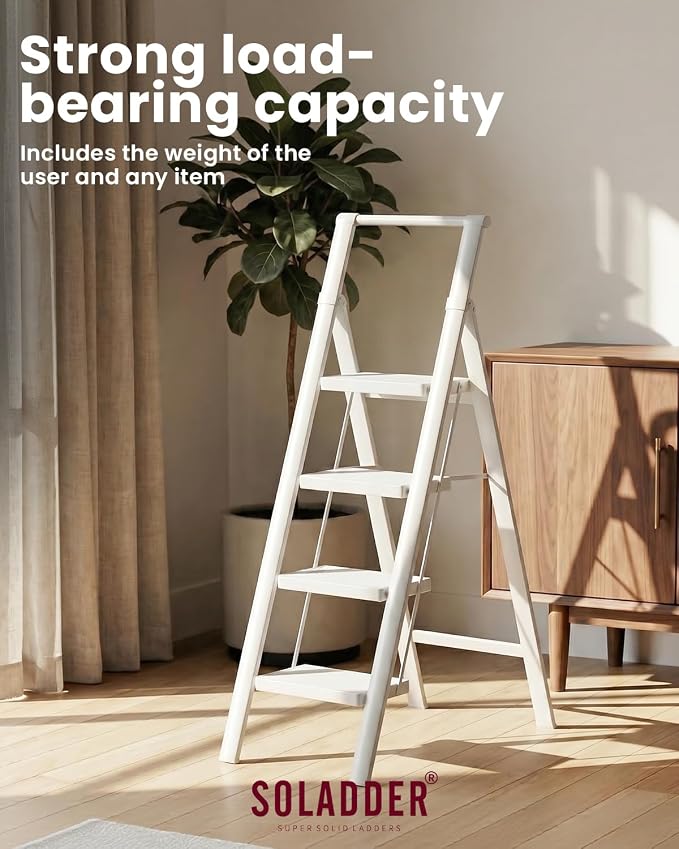 SOLADDER 4 Step Ladder with Handrails, Anti-Slip and Foldable Step Stool with Widen Pedals, Portable Stepladders for Home, Kitchen and Indoor, Space Saving -300lbs (White)