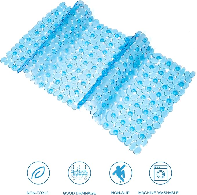 TEESHLY Bath Tub and Shower Mats, Non-Slip Pebble Bath Mat, 35 x 16 Inches Machine Washable Bathtub Mat with Drain Holes, Suction Cups for Bathroom (Clear Blue)