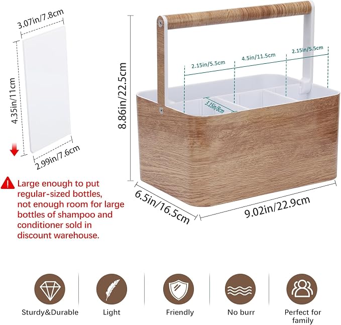 BYUNER Shower Caddy Portable for College: Devided Bathroom Caddy Shower Basket for Dorm with Handle, Plastic Bathroom Counter Organizer Storage Tote Bin for Dorm,Kitchen,Cabinet, Wood Grain